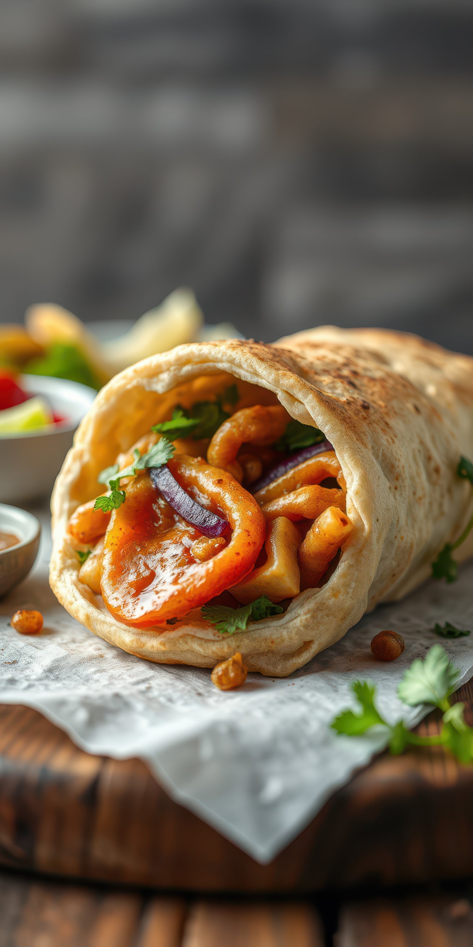 Delicious wrap stuffed with grilled chicken and vegetables served with dipping sauce